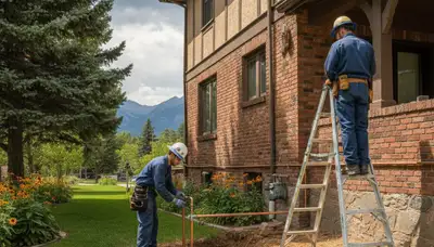 Emergency plumber in Aurora, CO fixing a residential plumbing leak with tools and service van