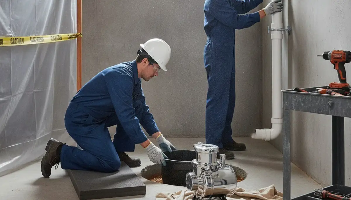Aurora, CO plumber installing sump pump to protect home from flooding and water damage