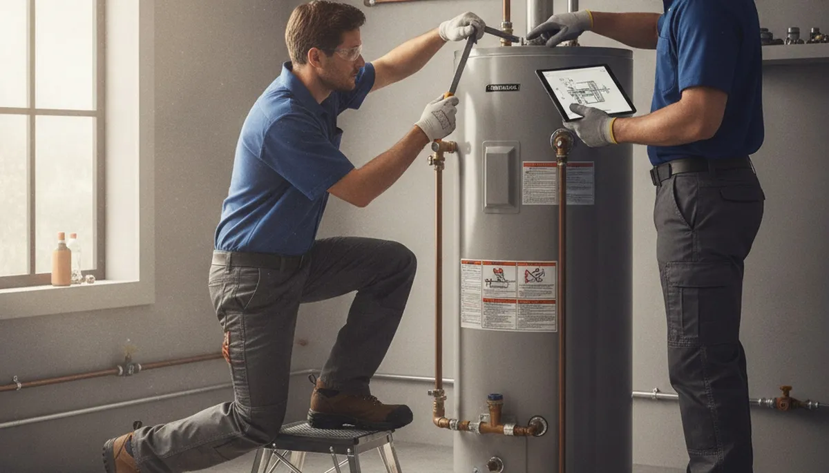 Emergency plumber repairing water heater in Aurora, CO home